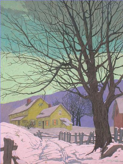 Winter tree Yellow house.jpg - Winter Branches, tempera (?), Collection of Richard Wolff